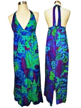 Vintage‎ 70s High Tide California Psychedelic Tropical Boho Halter Maxi Dress S